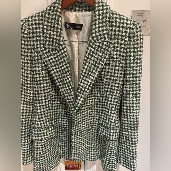 Zara Ecru/Green Houndstooth Lapel Collar Double Breasted Blazer Kate Middleton S - Picture 4 of 8